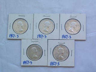 5 1957 CANADIAN SILVER HALF DOLLARS (FIFTY CENTS)