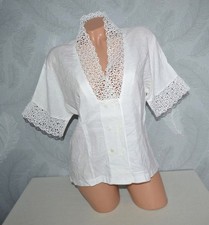 Schneeweiße Zweireiher Edelbluse von Wollenschläger Häkelspitze Leinen, Gr.42