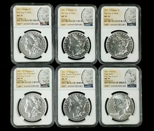 2021 Morgan & Peace Silver Dollars NGC - MS70 - 6 Coin Set P, D, S, O, CC, Peace