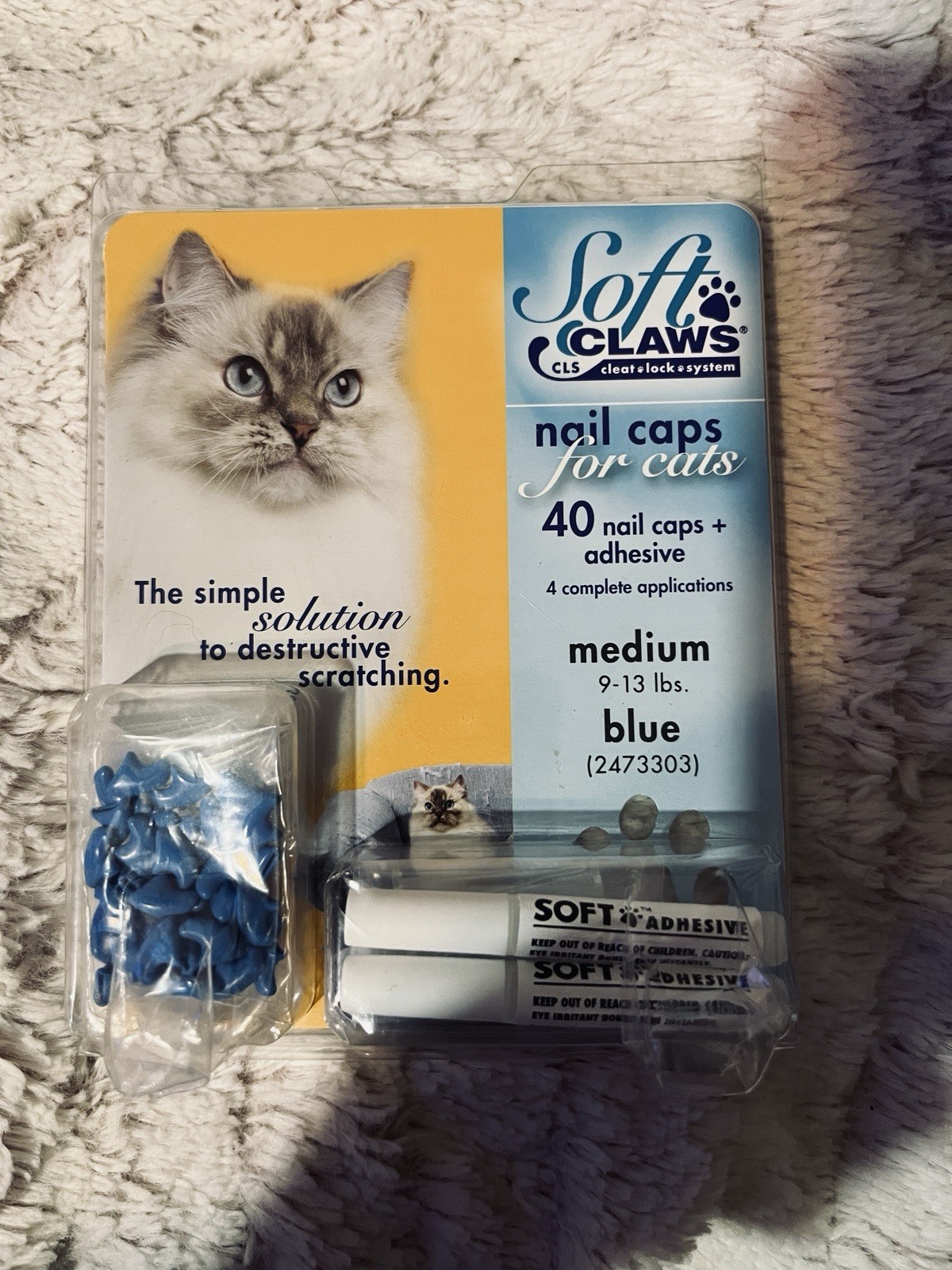 Soft Claws, Nail Caps for Cats, Medium, Blue, 40 ct, 2 Tubes Of Adhesive