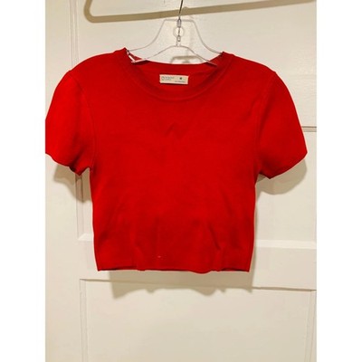 Primark Cares Red Ribbed Cropped Short-Sleeve Knit Top Crew Neckline Size Medium