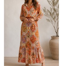 Farm Rio Mosaic Orange Multi Floral Paisley Maxi Dress Large V-Neck Boho Fall