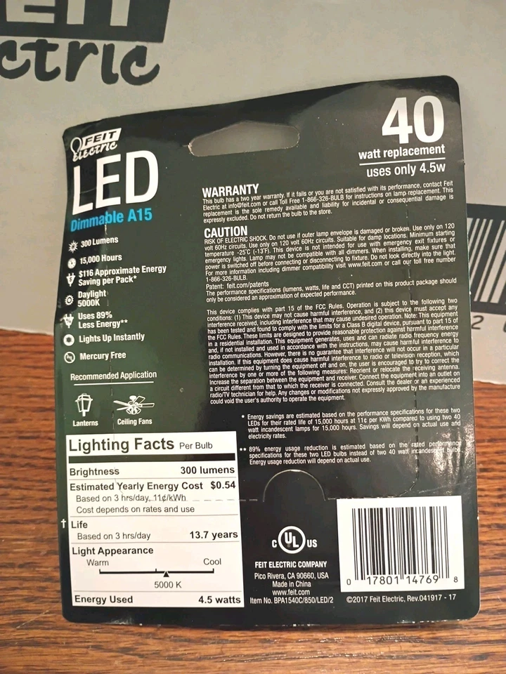 Lot Feit BPA1540C/850/LED 4.5W A15 Filament LED Bulb E12 5000K 120V 12 Bulbs - Image 3 of 4