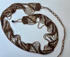 Vintage 70s Boho Beaded Waterfall Belt Amber Bronze Iridescent Multi Strand 52"