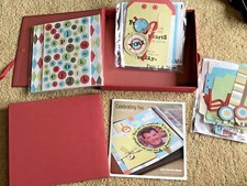 NEW HARDCOVER RED SCRAPBOOK KIT PHOTO ALBUM PRINTED PAGES DIE CUTS TAGS STICKERS