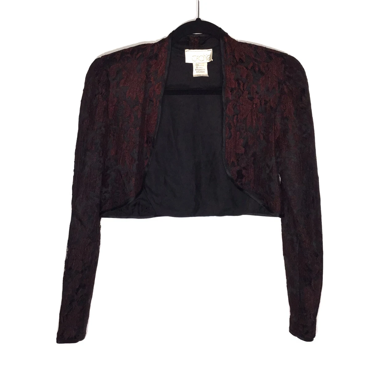 Cache Womens Open Front Bolero Jacket Black Burgundy Lace Padded Size 10