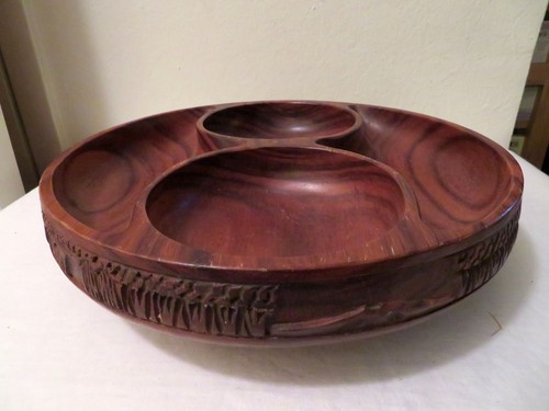 Vtg Monkey Pod Wood Lazy Susan Chips Dip Appetizers One Tier Tray Luau Tropical - Imagen 2 de 6