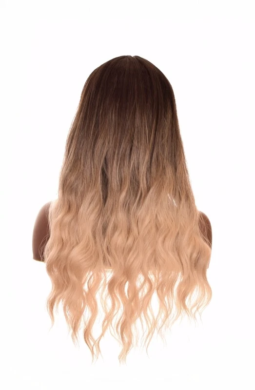 Peruca Long Wave marrom escuro loiro ombre aparência natural com franja reta. Unissex - Imagem 4 de 4