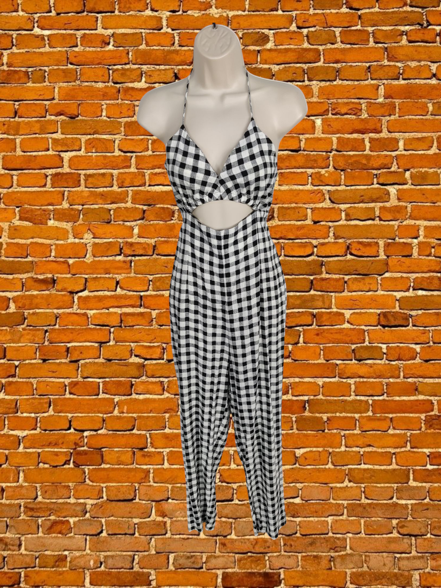 BNWT ZARA BLACK WHITE JUMPSUIT MEDIUM COTTON WOMENS HALTER NECK