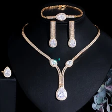 Nigerian Gold CZ Long Drop Wedding Necklace Earrings Bracelet Ring Jewelry Set