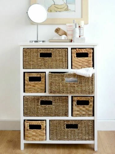 White storage cabinet with on sale baskets