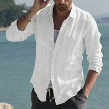 Button-Up Shirt Mens Long Sleeve Cotton Linen T-shirt Casual Summer Beach *SALE*