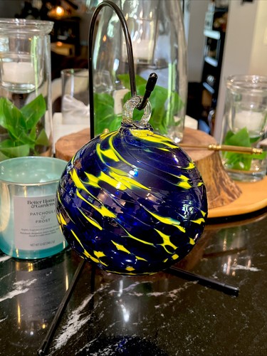 Blue & Yellow Hand Blown 5” Glass Friendship Ornament Ball W/Stand Glass Art - Picture 2 of 3