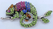 T2-311 BROOCH SILVER PIN 2" RHINESTONE ANIMAL IGUANA GREEN PINK