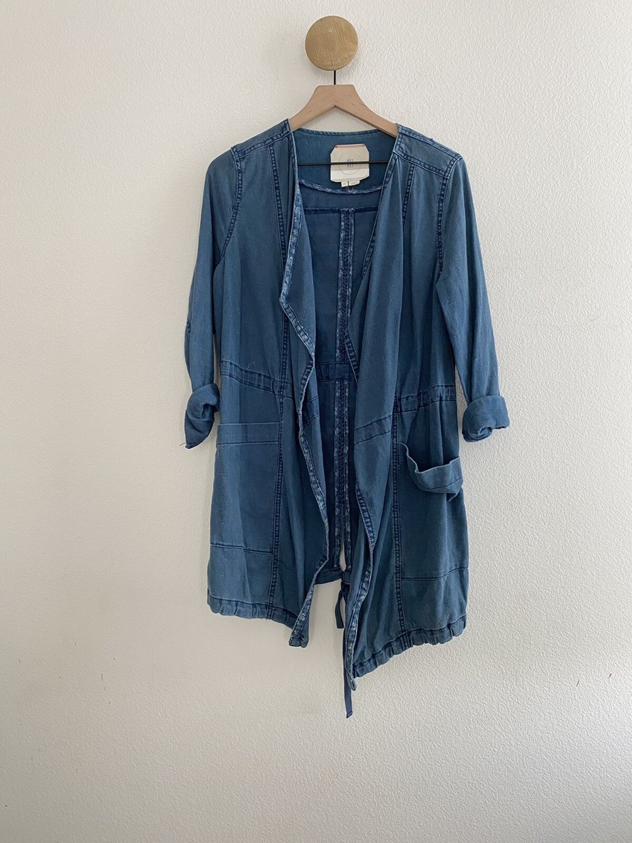 Hei Hei Anthropologie Blue Jacket Open Front Linen Cotton Drawstring XS