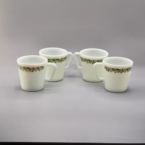 Vintage Pyrex Milk Glass Mugs With Green Floral Pattern Set Of 4