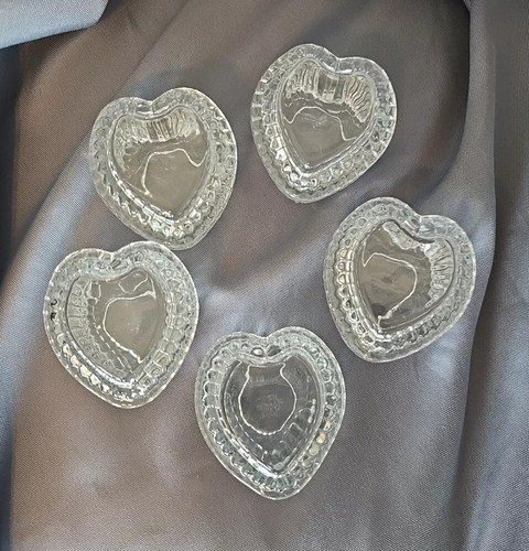 Homco Crystal Glass Mini Heart Jewelry Trinket Dish Set of 5 Vintage 1980s