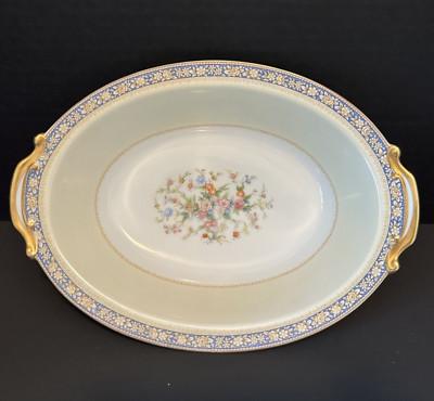 NORITAKE Swansea 10'' Oval Vegetable Bowl Blue Band, White Flowers, Floral Center