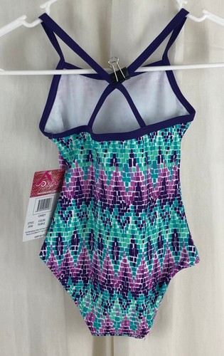Kanu Surf Girls' Layla Beach Banded 1 Piece Swimsuit Candy Purple Chevron Size 4 - Picture 2 of 3