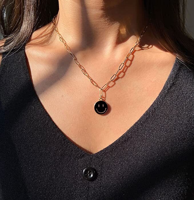 Black Smiley Face Paperclip Necklaces, Gold Chain - Positive Happy