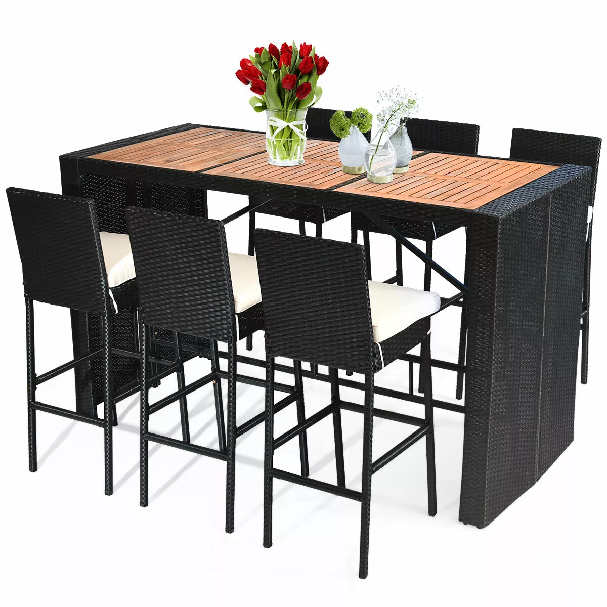 Patiojoy 7 PCS Premium Patio Rattan Wicker Bar Dining Furniture