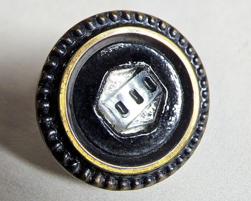 Antique Glass in Metal Waistcoat Button w/ Black Enamel Border ~ just over 9/16" - Picture 2 of 7