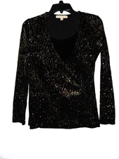 Notations Top Women S Black Gold Glitter Velvet Round Neck Faux Wrap Long Sleeve