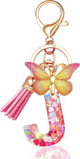 Initial letter Keychains for Women Tassel Butterfly Pink Purple Cute Car Keychai