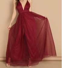 Women’s Gown Burgundy Red Strap prom dress Sleeveless V-neck Flowing sheer Skirt