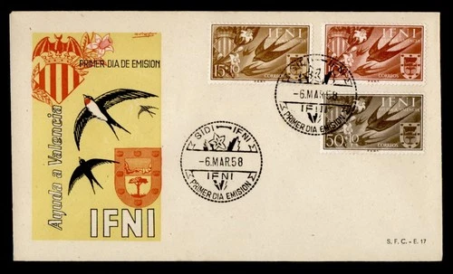 DR WHO 1958 SPANISH IFNI FDC AYUDA A VALENCIA CACHET COMBO SEMI POST M68401