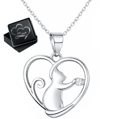 925 Silber Kette Katze Herz Anhänger rhodiniert Geschenk Schmuck für Damen Frau - Bild 1 von 4