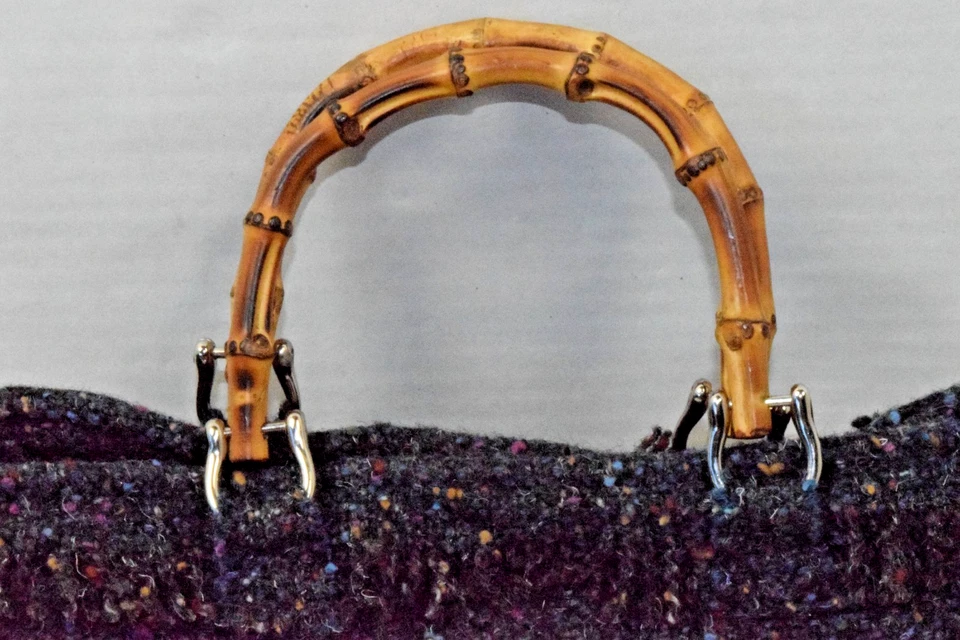 Vintage Wool Hand Bag 60s 70s Minty Pastel Confetti Weave Bamboo Handle 8X12In - Image 3 of 4