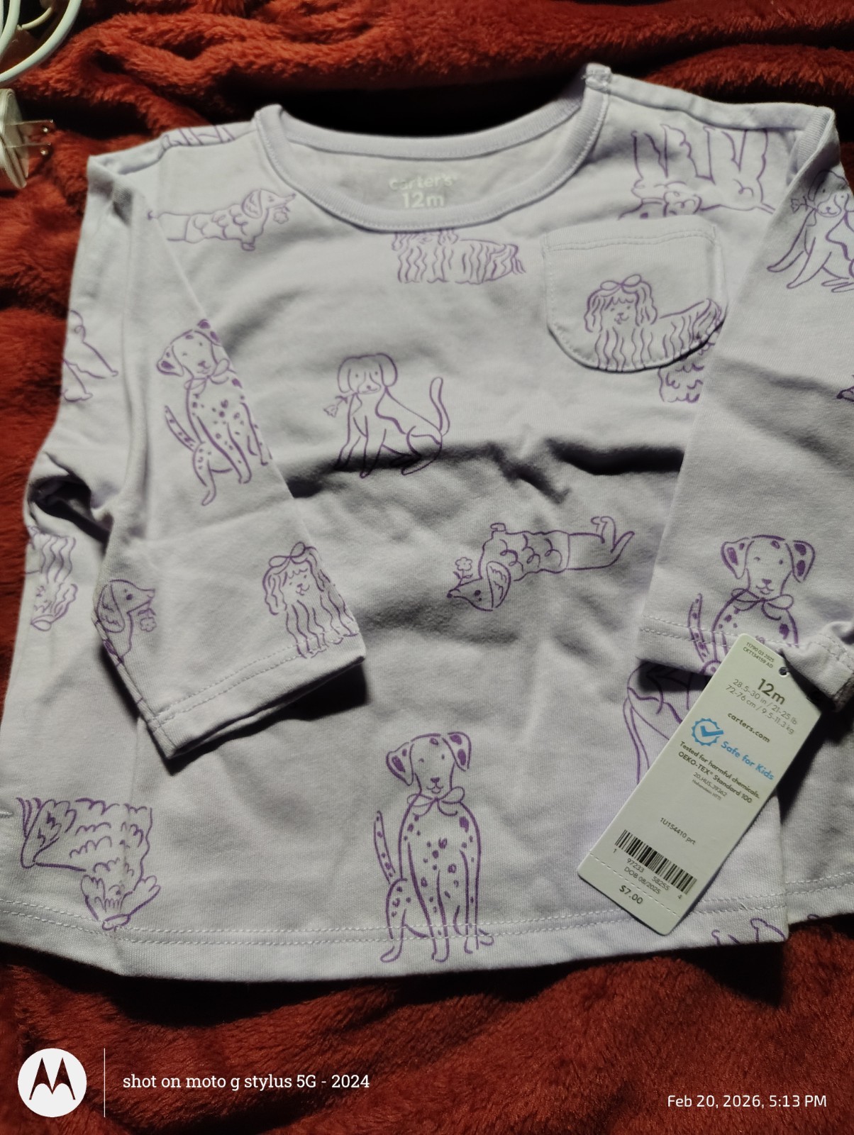 : NWT Carter's Baby Girl 12M Purple Long Sleeve Pocket Tee Dog Dalmatian Print