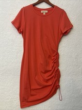 Michael Kors CORAL ORANGE Ruched Side With Gold Accents Summer Casual Mini Dress