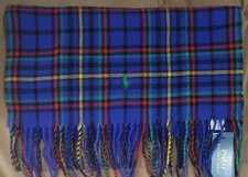 Polo Ralph Lauren Wool Checkered Blue w/ Logo Mens Womens Unisex Tassle Scarf