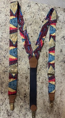 Vintage Pelican USA Silk Suspenders Braces Abstract Art Power Brown Leather