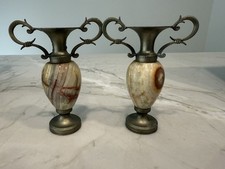 2 Vintage Miniature Metal & Onxy Double Handles Amphora Vases Decorative 4" H
