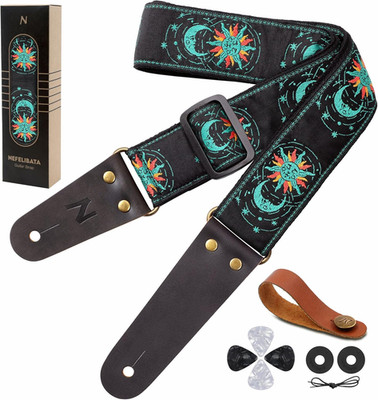 Guitar Strap, Sun & Moon Embroidery Guitar Straps with Head Cowhide Leather Ends