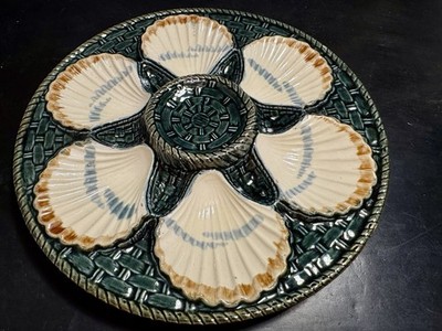 Antiker französischer Longchamp Austernteller aus Majolika/Barbotine ca. 1890