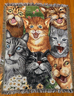 Vintage FUNNY CATS TAPESTRY BLANKET Throw PhotoBomb Meme Kittens Laughing 51x41