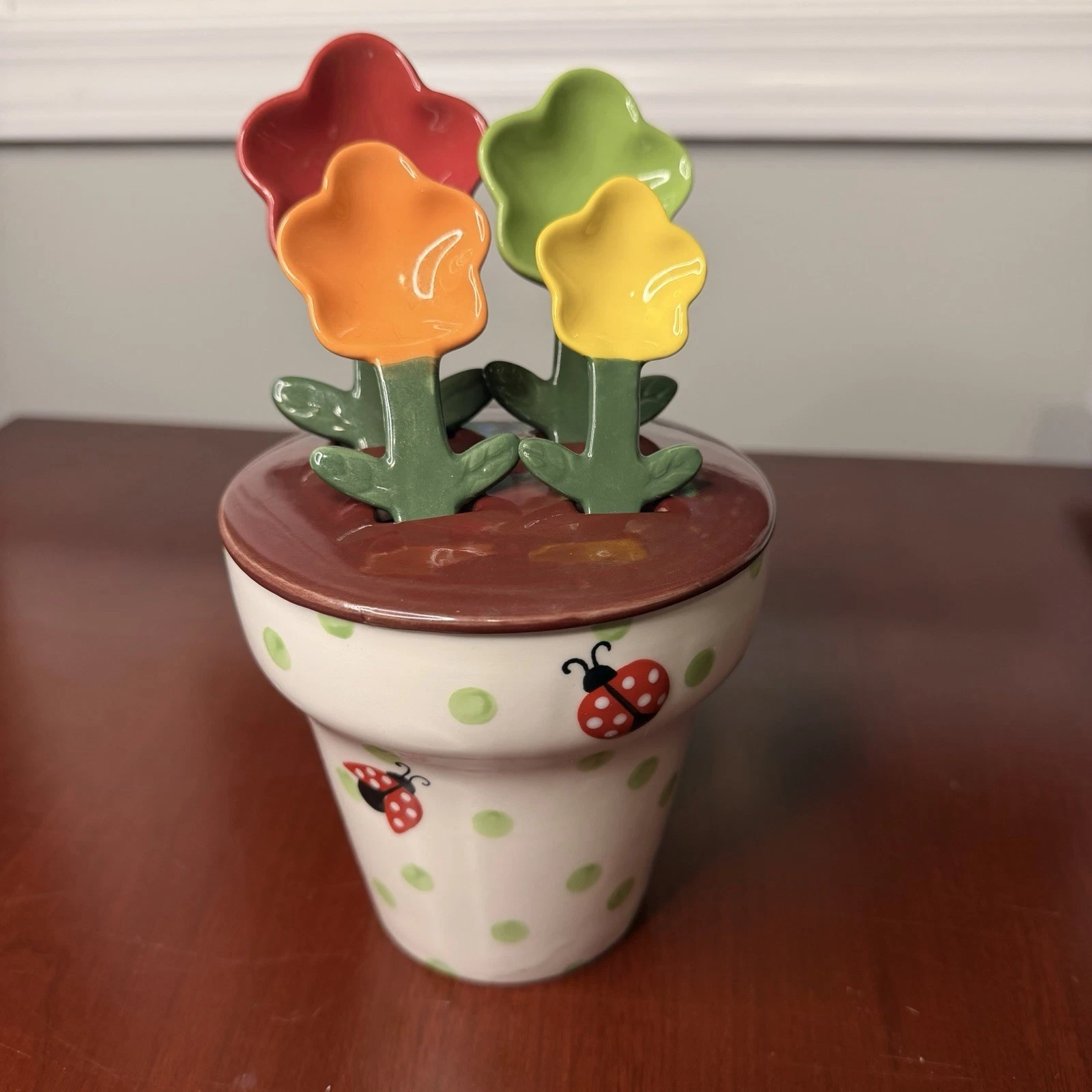 Pier 1 Imports Stoneware Flower Measuring Spoons Set Polka Dot Multicolor