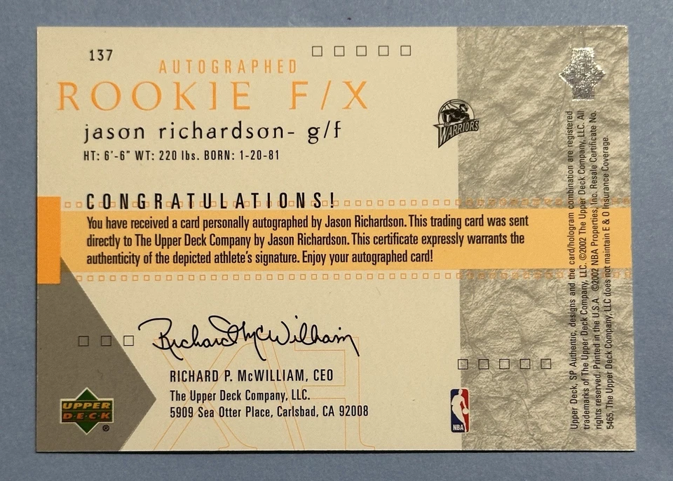 2001-02 SP Authentic Auto Rookie F/X /700 Jason Richardson #137 Auto RC Warriors - Image 2 of 2