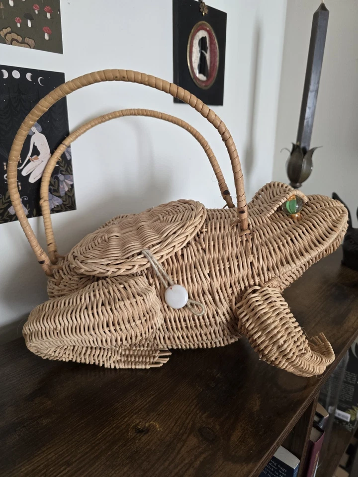 Cartera rana mimbre vintage tostada rara década de 1950 mediados de siglo Foto 3 de 4