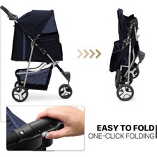 Foldable Pet Stroller fr Cats Dogs 3 Wheels Carrier Cart w/Cup Holder Navy Blue