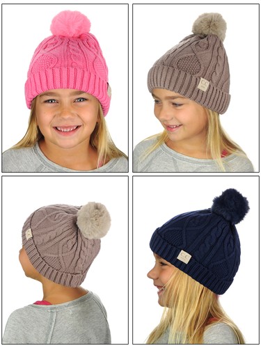 C.C Kids' Cable Knit Soft Single or Double Pom Fuzzy Lined Cuff CC Beanie - Picture 67 of 87