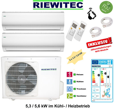 Dual Multisplit Klimaanlage 2 x 3,5 kW RIEWITEC 5,3/5,6KW, WiFi, 2x6 m K-Leitung