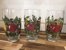 3 Vintage Hand Painted Fruit Drinking Glasses Ice Tea 16 Oz