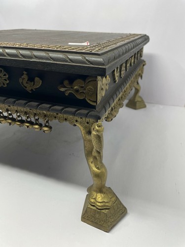 Vintage Old Wooden Bajot With Brass Work Peacock Crafted Brass Legs Decor NH5981 - Picture 2 of 11
