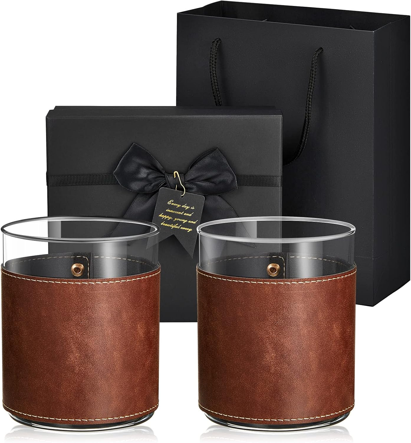 2 Sets 11.5 Oz Leather-Wrapped Whiskey Rocks Glasses with Gift Box