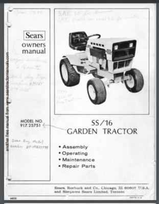 Sears 1973 Suburban SS/16 Lawn Tractor Owner Parts Manual Comb  Bound